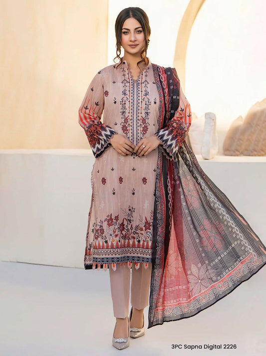 Unstitched 3-piece suit featuring blush digital printed slub lawn shirt with crimson, charcoal, and rust motifs, deep maroon and red fancy fabric dupatta, and plain blush lawn trouser.