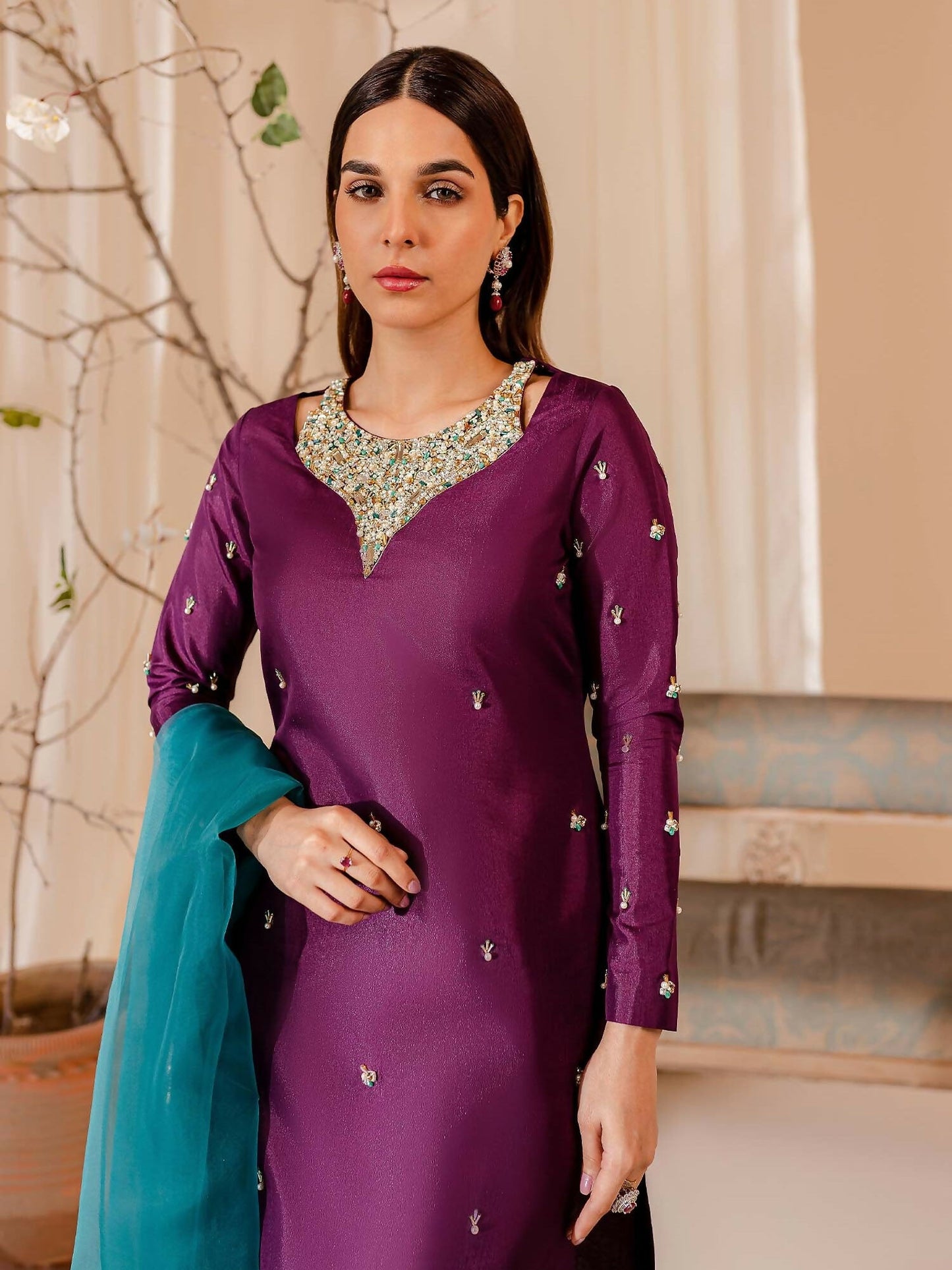 Allure By IH Raw Silk Embellished Stitched 3-Piece Suit-Twilight