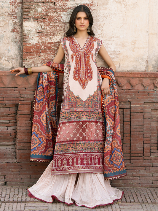Digital printed 3-piece unstitched suit with embroidered neck and lace detailing, paired with chiffon dupatta and cotton trouser.