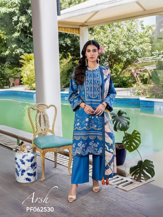 Unstitched 3-piece suit with printed lawn shirt, printed dobby voil dupatta, and dyed cotton trouser, ideal for stylish and breathable summer wear.
