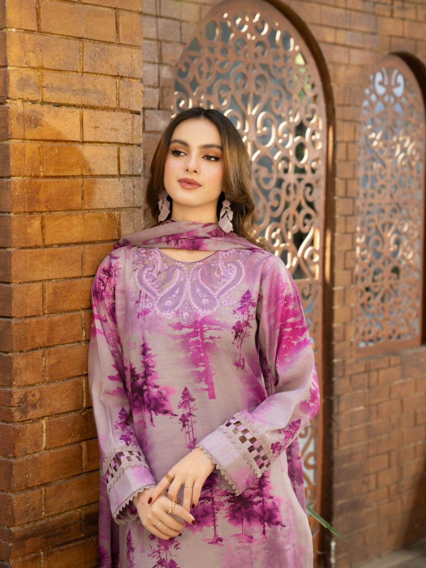 Panache Apparel Cambric Lawn Printed Stitched Suit-Haze