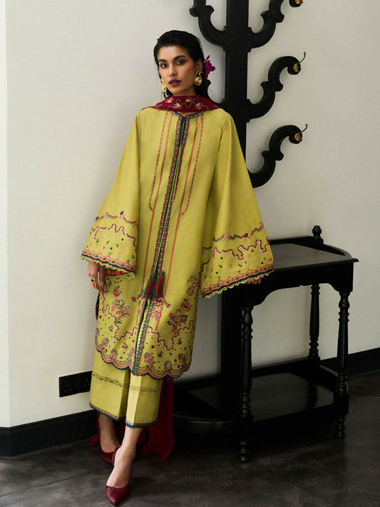 Apple green embroidered lawn shirt with cutwork hem and sleeves, cotton culottes with lace detailing, and hot pink chiffon dupatta with embroidered edges.
