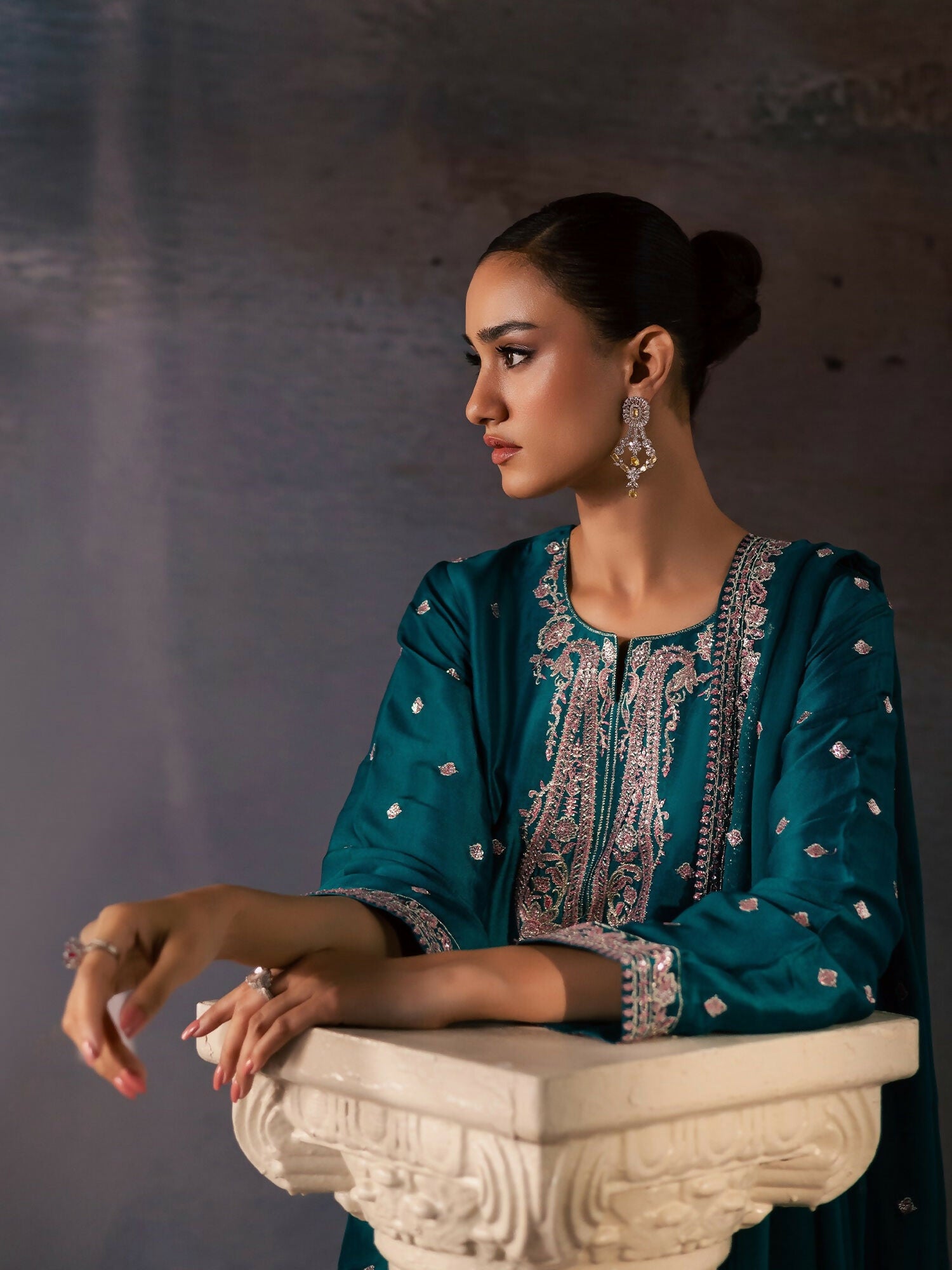 Allure By IH Be-My-Guest Thai Silk Embroidered Stitched 3-Piece Suit-Pine