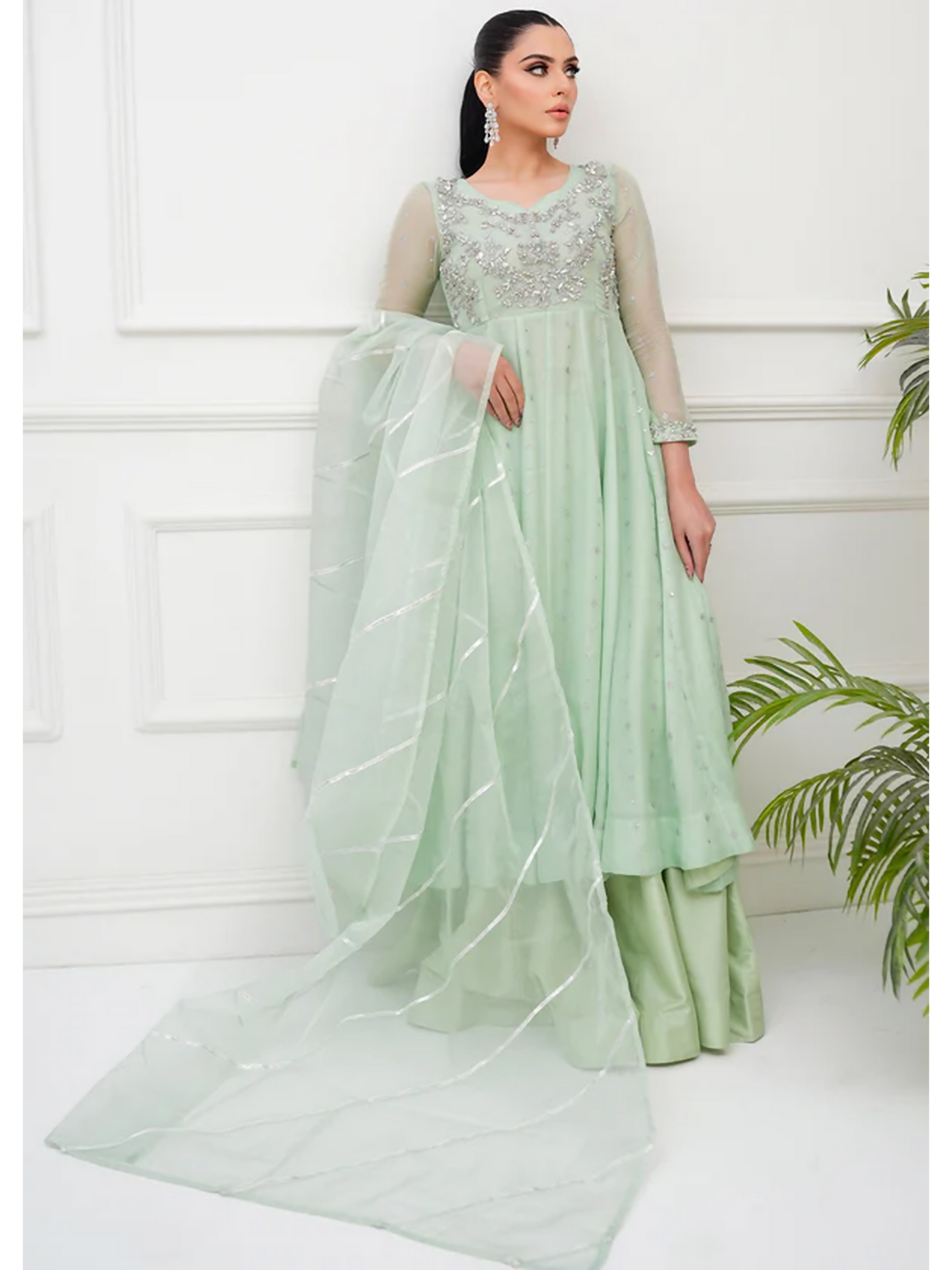 Allure By IH Lehr Chiffon Embroidered Lehenga-Matcha