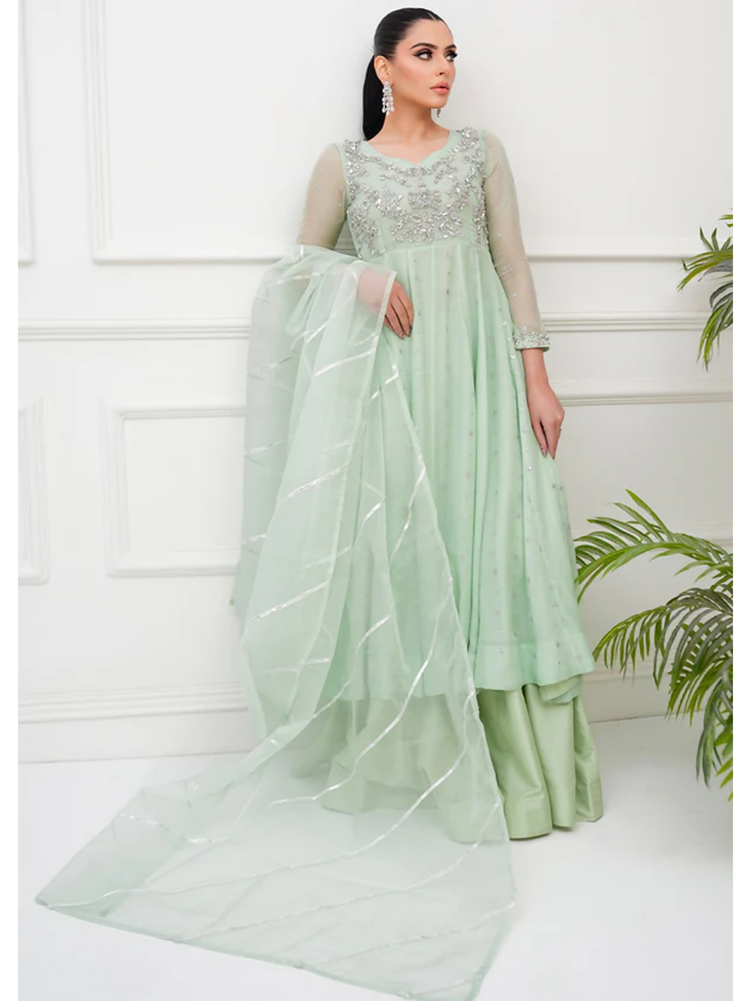 Allure By IH Lehr Chiffon Embroidered Lehenga-Matcha