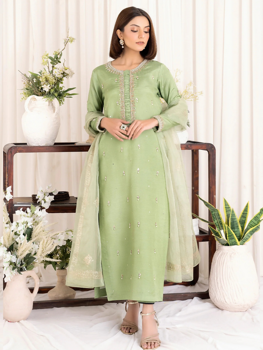 Allure By IH Luxury Pret Raw Silk Embellished Stitched 3-Piece Suit-Fatin