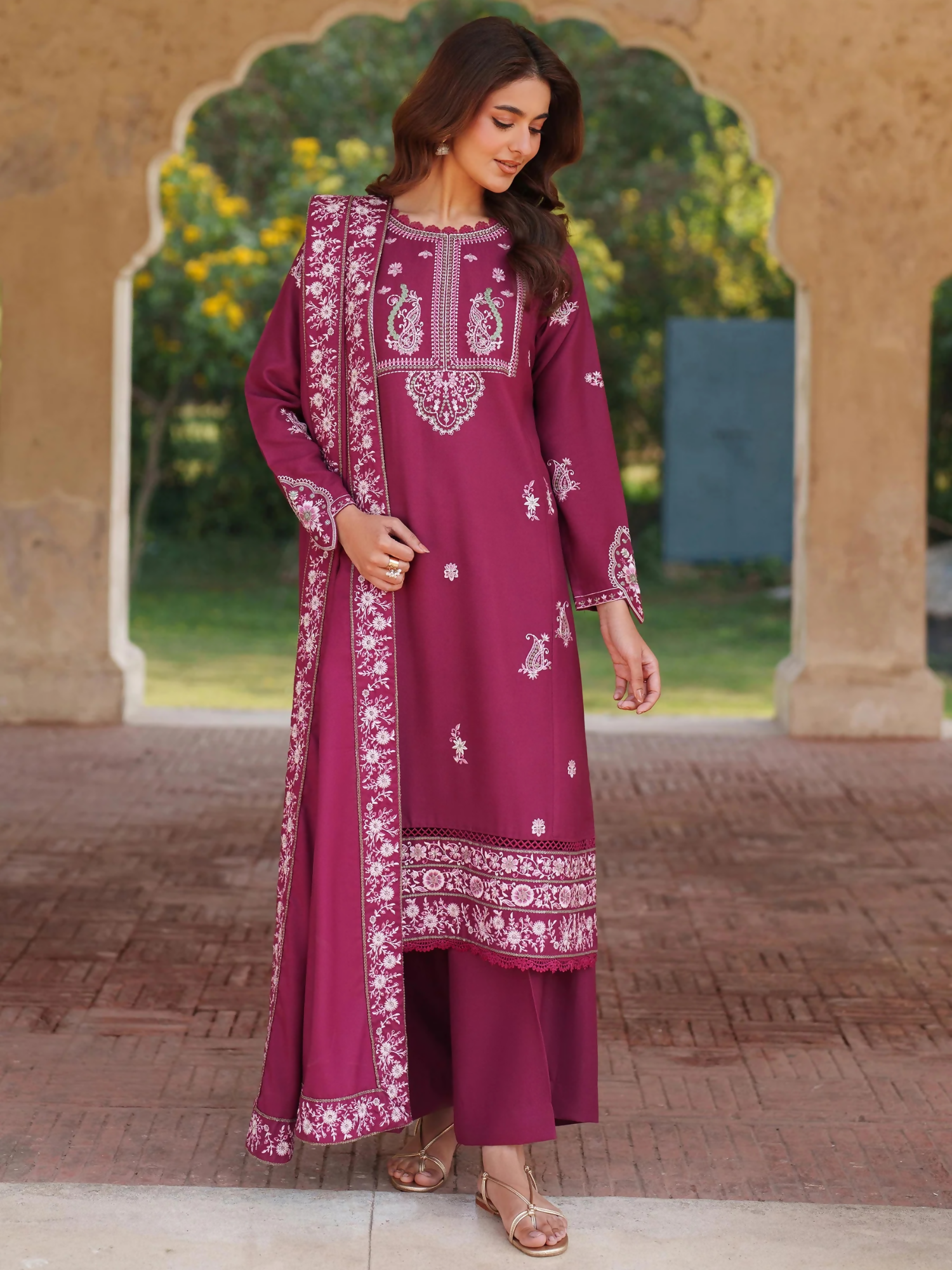 Panache Apparel Linen Embroidered Stitched Suit-Alara