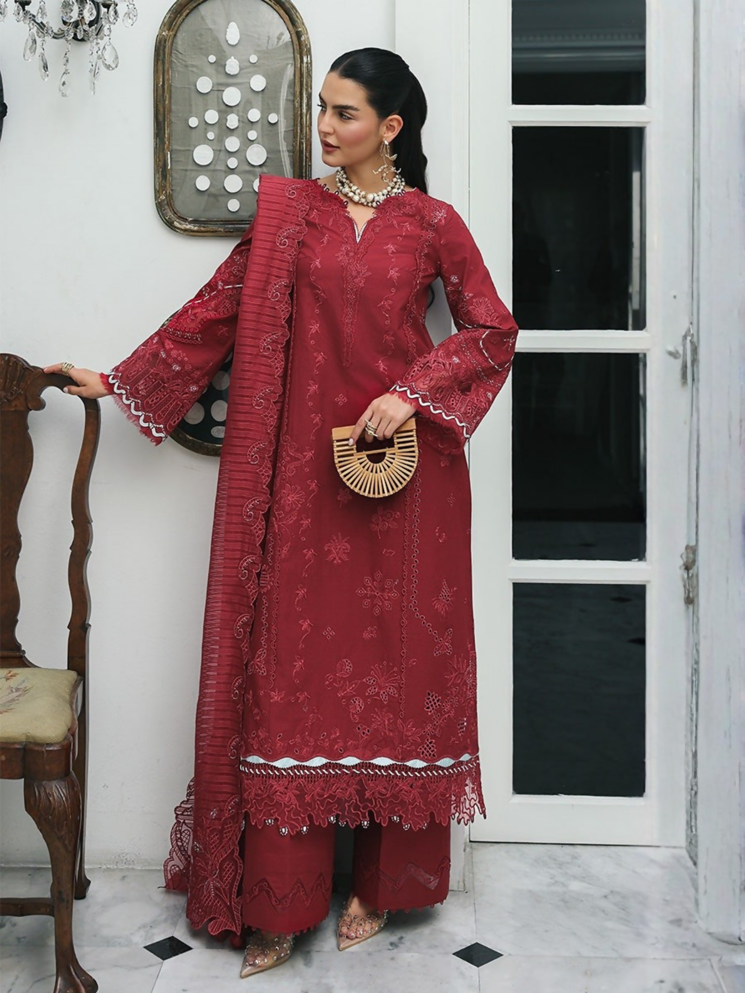 Maroon Qalamkar Qline Lawn Drop-1 Embroidered Unstitched 3-Piece Suit-RP-16-Qistah