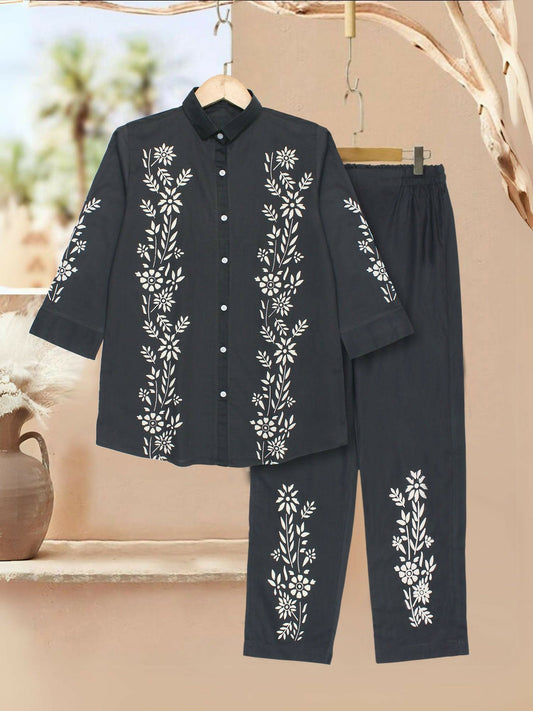 Dark Grey Velvour Girls Printed Co-ord Set-VG158-A