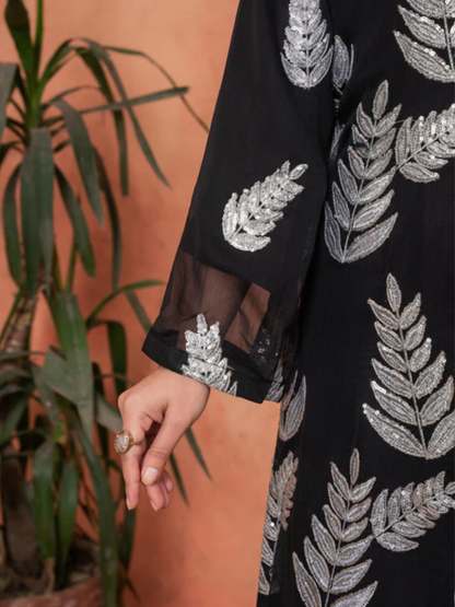 Stylish Collection Majeste Crinkle Chiffon Embroidered Stitched 3-Piece Suit-Zirwah Black