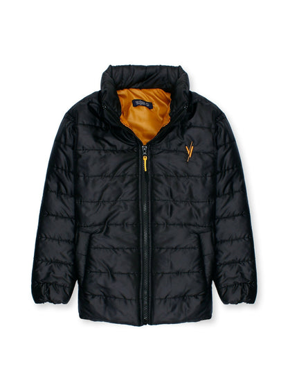 Unisex black puffer jacket by Velvour with full sleeves, zip closure, collar, and two side pockets — warm and stylish winter outerwear for boys and girls.