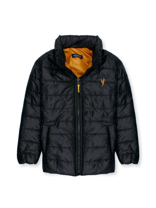 Unisex black puffer jacket by Velvour with full sleeves, zip closure, collar, and two side pockets — warm and stylish winter outerwear for boys and girls.