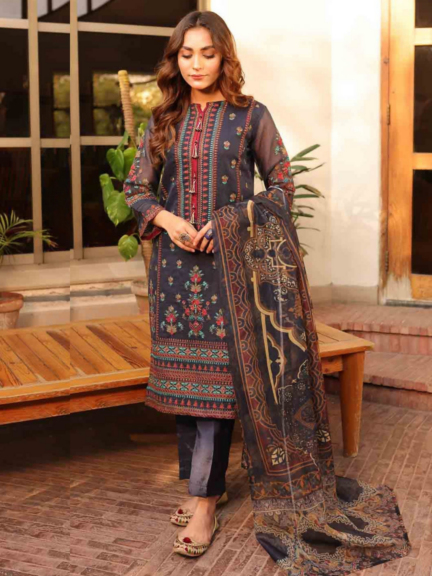 Panache Apparel Cotton Net Embroidered Stitched Suit-Bluebell