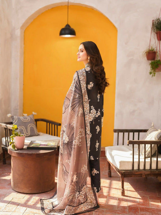 Panache Apparel Monochrome Tales Swiss Lawn Embroidered Stitched 3-Piece Suit-Midnight