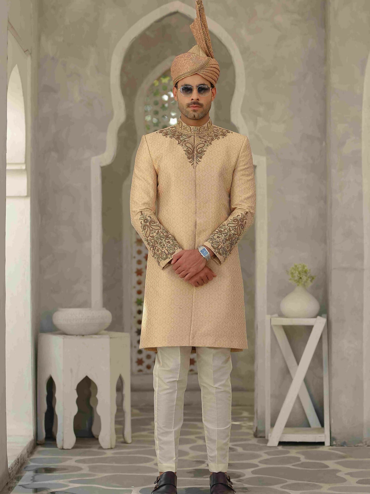 Gem Garments Afsanah Jamawar Embellished Sherwani-Naz