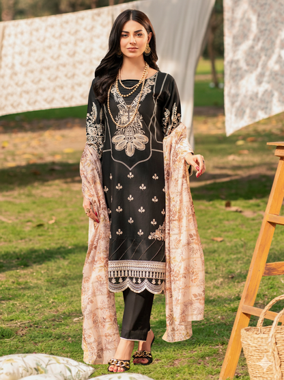 Black Cream Panache Apparel Monochrome Tales Lawn Embroidered Stitched 2-Piece Suit-Sawika