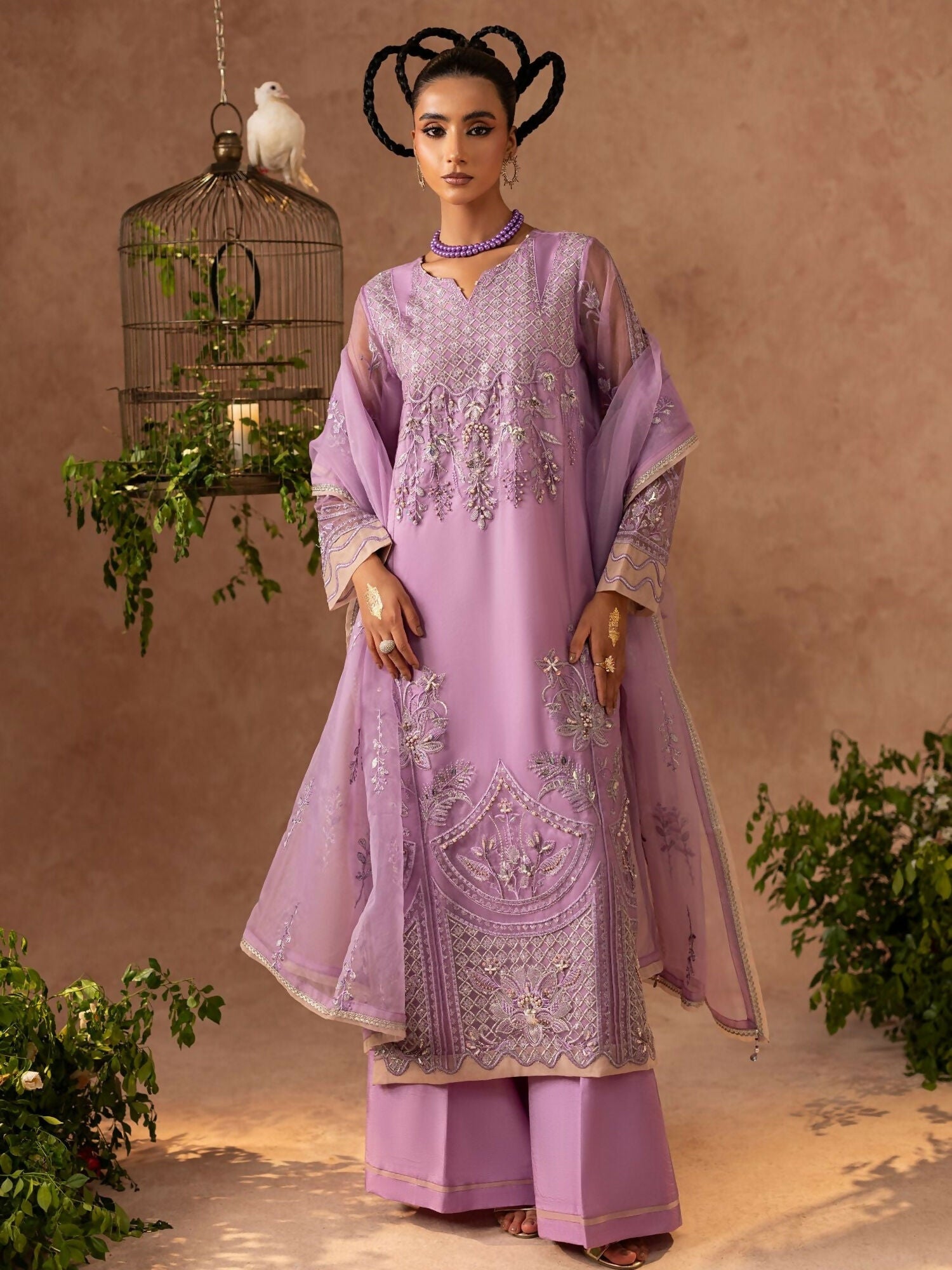 Shurooq Geet Organza Embroidered Stitched 3-Piece Suit-Ragni