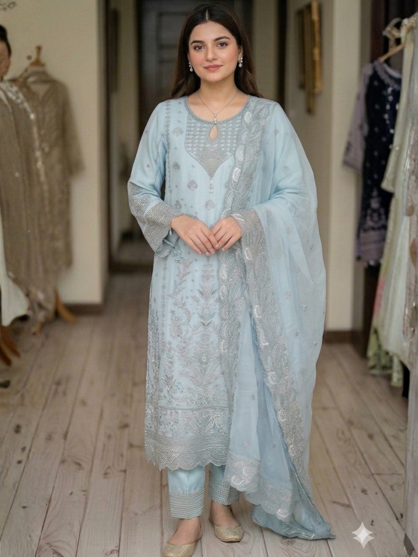 Blue-Noori Chiffon Embellished Stitched 3-Piece Suit-SBC26144 