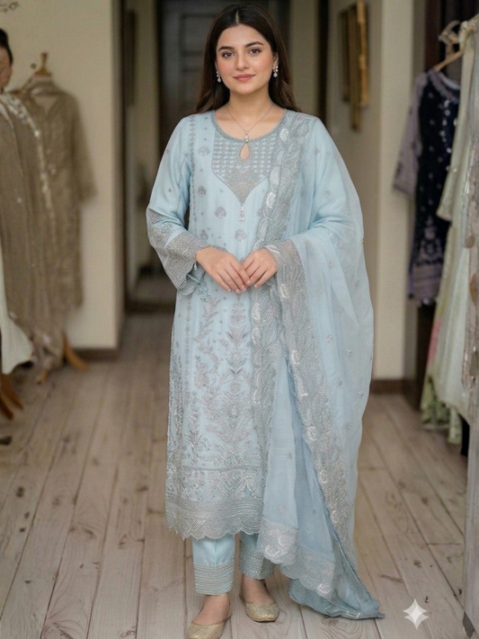 Blue-Noori Chiffon Embellished Stitched 3-Piece Suit-SBC26144 