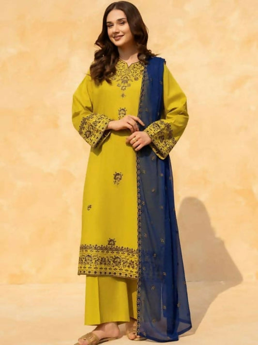 Zeephire Cotton Embroidered Stitched 3-Piece Suit-Majestic Olive