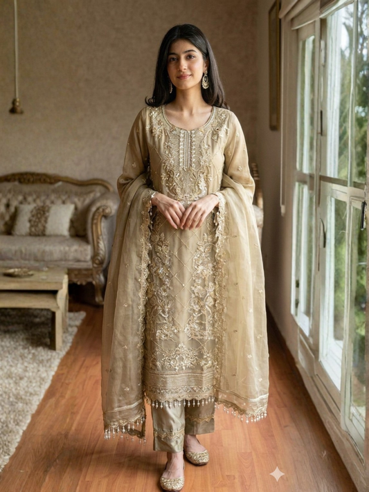 Brown-Noori Chiffon Embellished Stitched 3-Piece Suit-SCB26144 