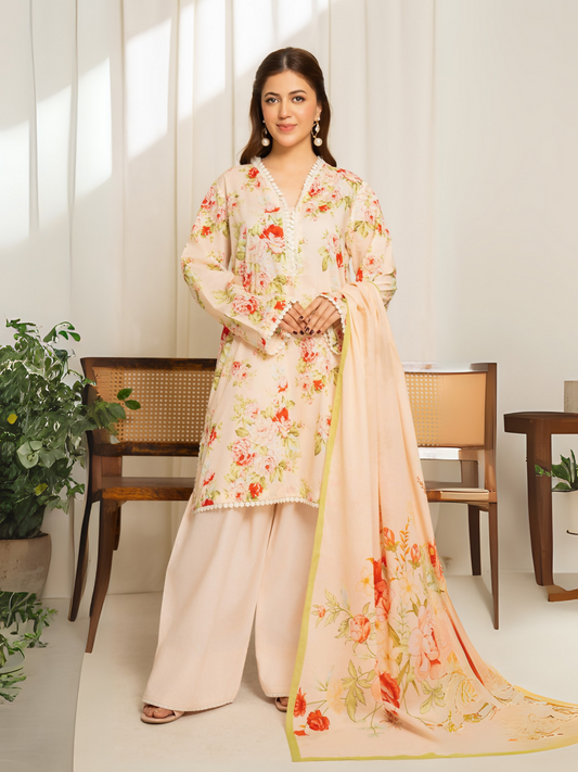 Peach floral printed lawn suit with matching voile dupatta