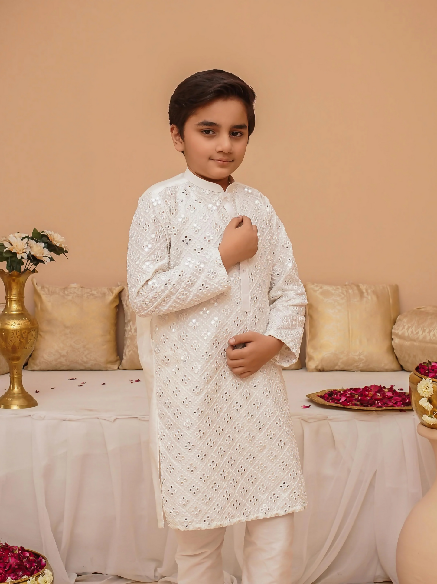 Kidoz Kloset Rang Rasiya Cotton Silk Embroidered Kurta Pajama-Silver Whisper-Boy