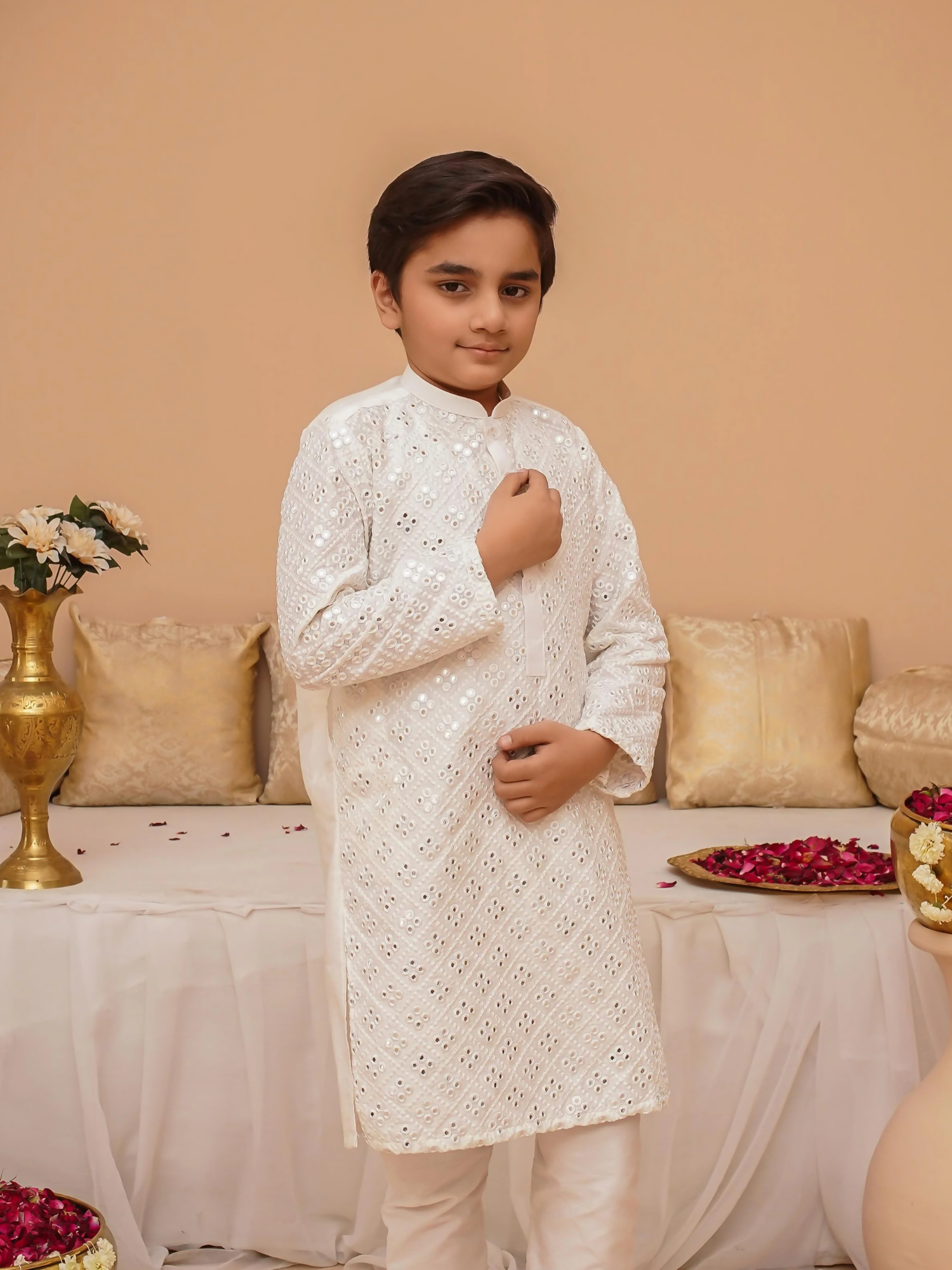 Kidoz Kloset Rang Rasiya Cotton Silk Embroidered Kurta Pajama-Silver Whisper-Boy