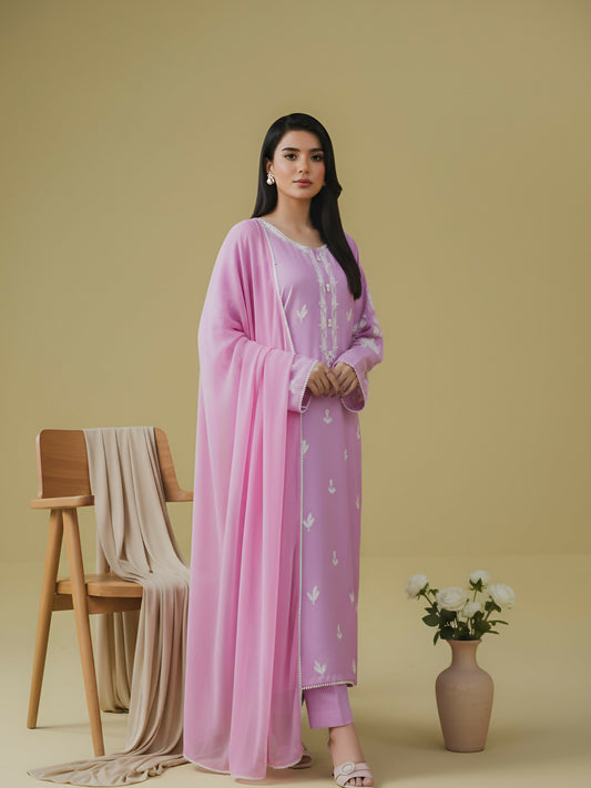 Zeephire Linen Embroidered Stitched 3-Piece Suit-Lilac