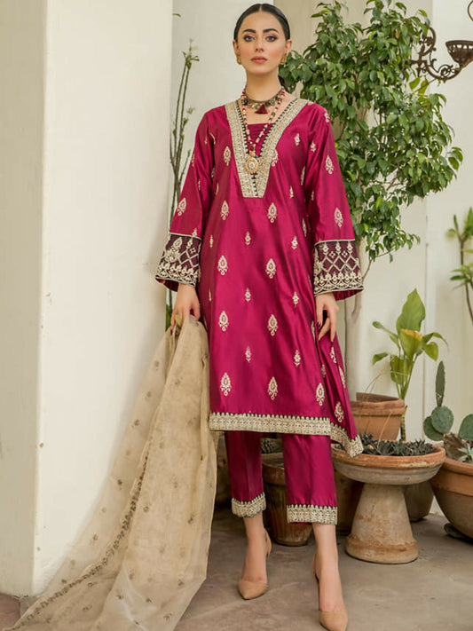 Panache Apparel Chambray Katan Embroidered Stitched 2-Piece Suit-Zaaviay