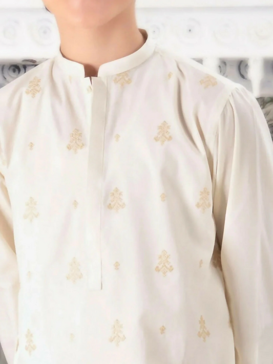 white-White-Velvour Boys Cotton Embroidered Stitched Kurta Trouser Suit-VB139