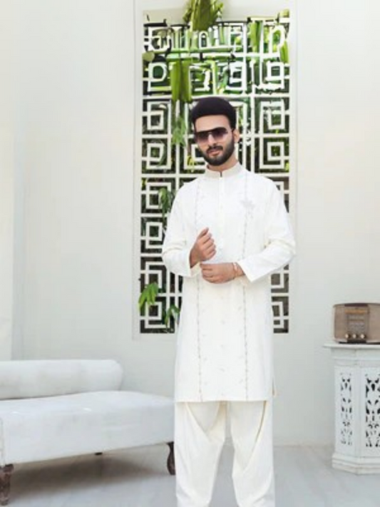 Cream Fabrich Men Embroidered Wash N Wear Unstitched Shalwar Kameez-GTS-B-017