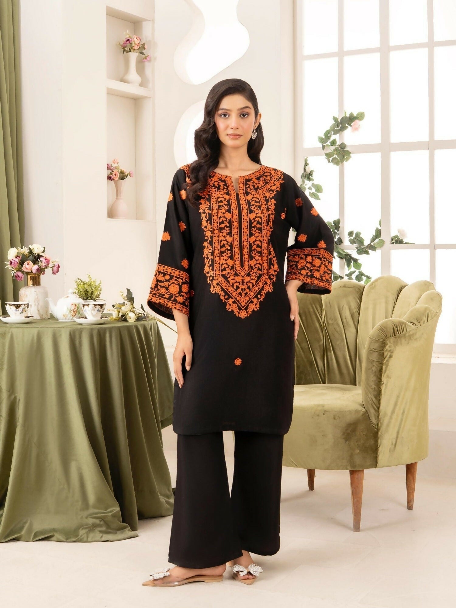Stylish Collection Linen Embroidered Stitched 2-Piece Suit-Black Lava