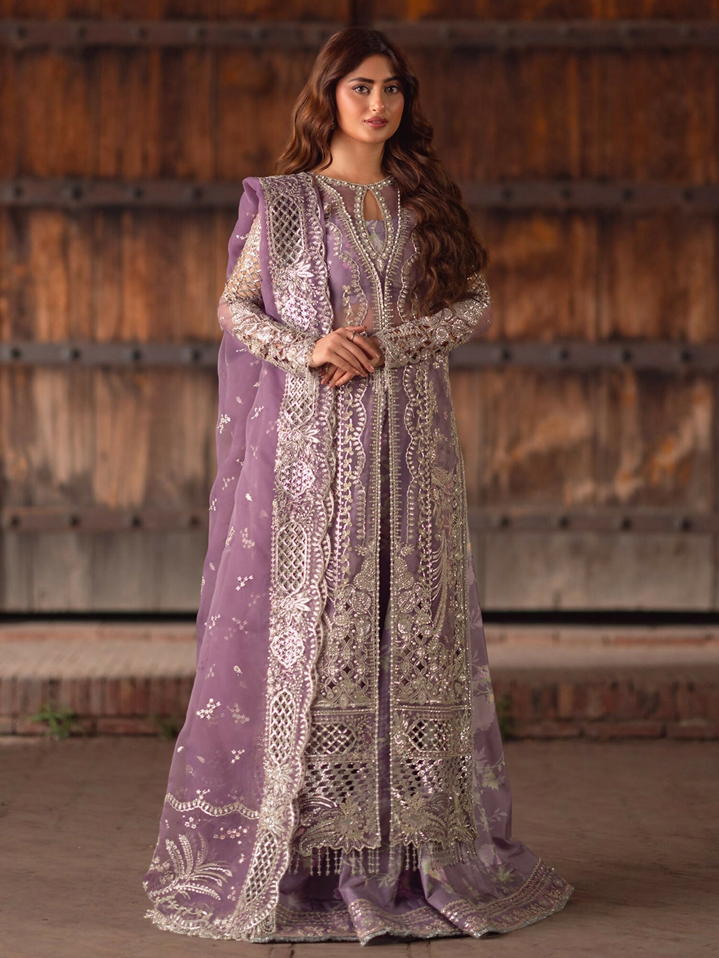 Binilyas unstitched luxury 3-piece suit with sequin embroidered organza shirt, embroidered organza dupatta, and printed silk inner with trouser.