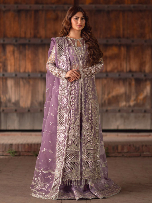 Binilyas unstitched luxury 3-piece suit with sequin embroidered organza shirt, embroidered organza dupatta, and printed silk inner with trouser.