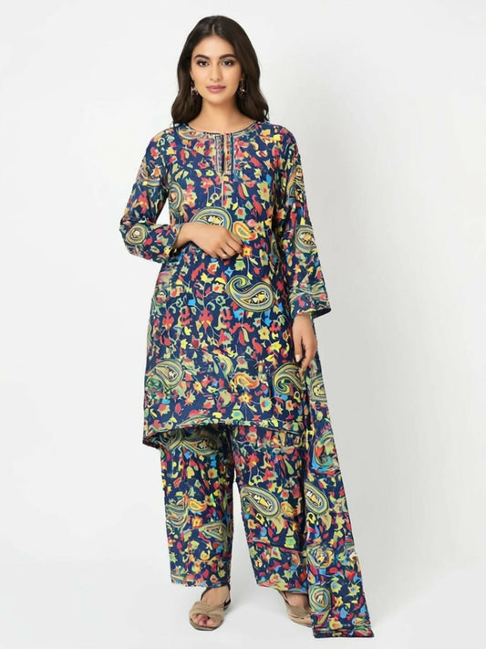 Bin Shaukat unstitched 2-piece digital lawn suit with all-over print and matching printed trouser.