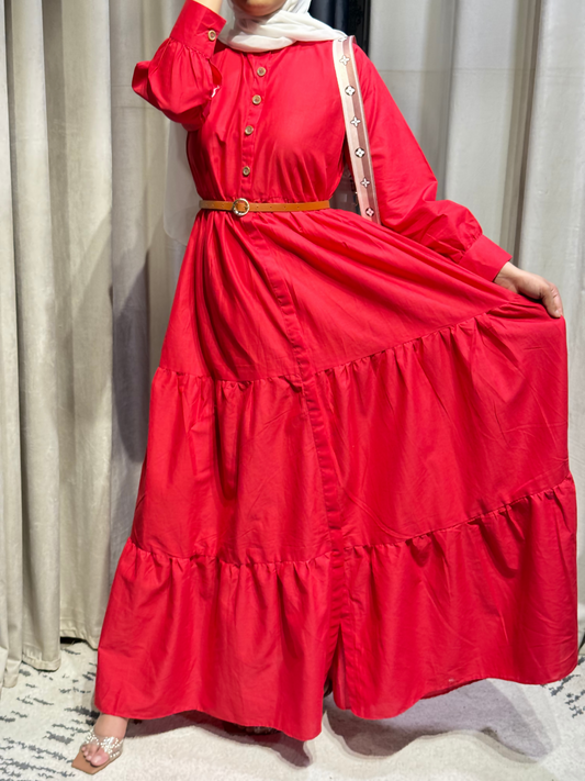 Kachy Dhaagy scarlet red cotton tiered maxi with cinched waist and full sleeves.