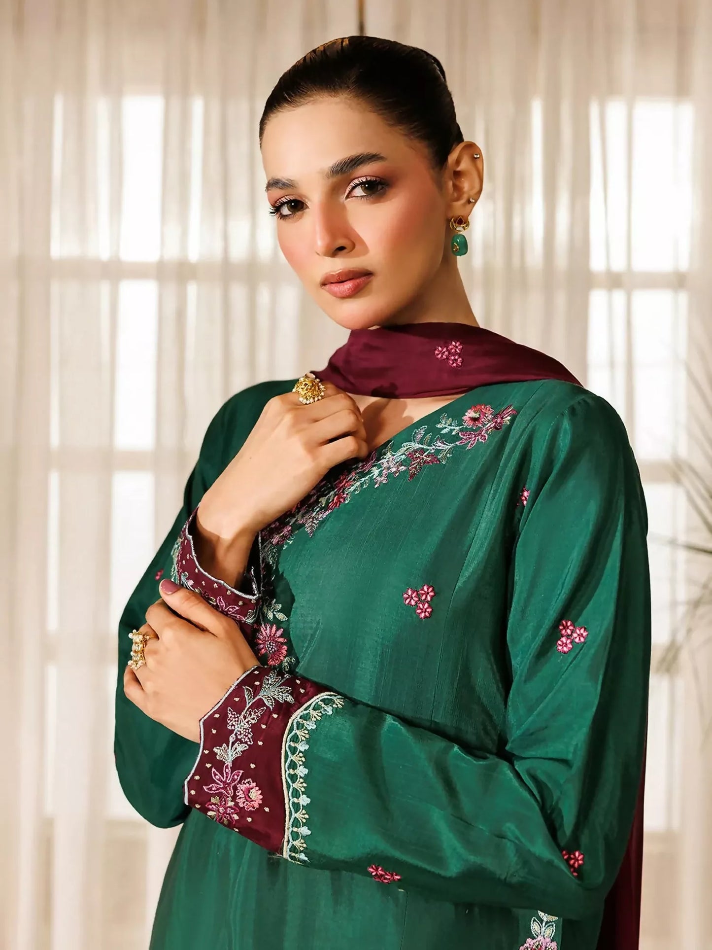 Panache Apparel Noore Eid Edit Raw Silk Embroidered Stitched Suit-Neelofer
