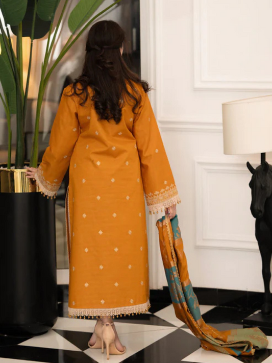 Tawakal Closet Dhanak Embroidered Stitched 3-Piece Suit-Golden Grace