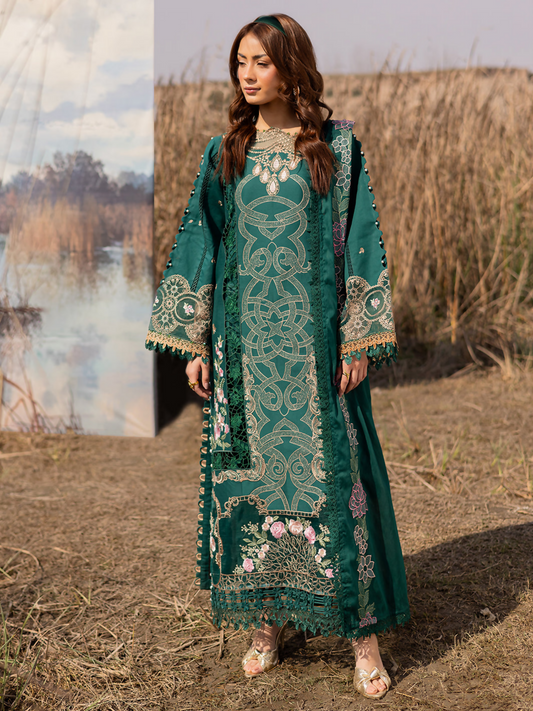 Unstitched 3-piece embroidered suit with detailed embroidered lawn shirt, dyed cambric trouser, and embroidered voile dupatta.