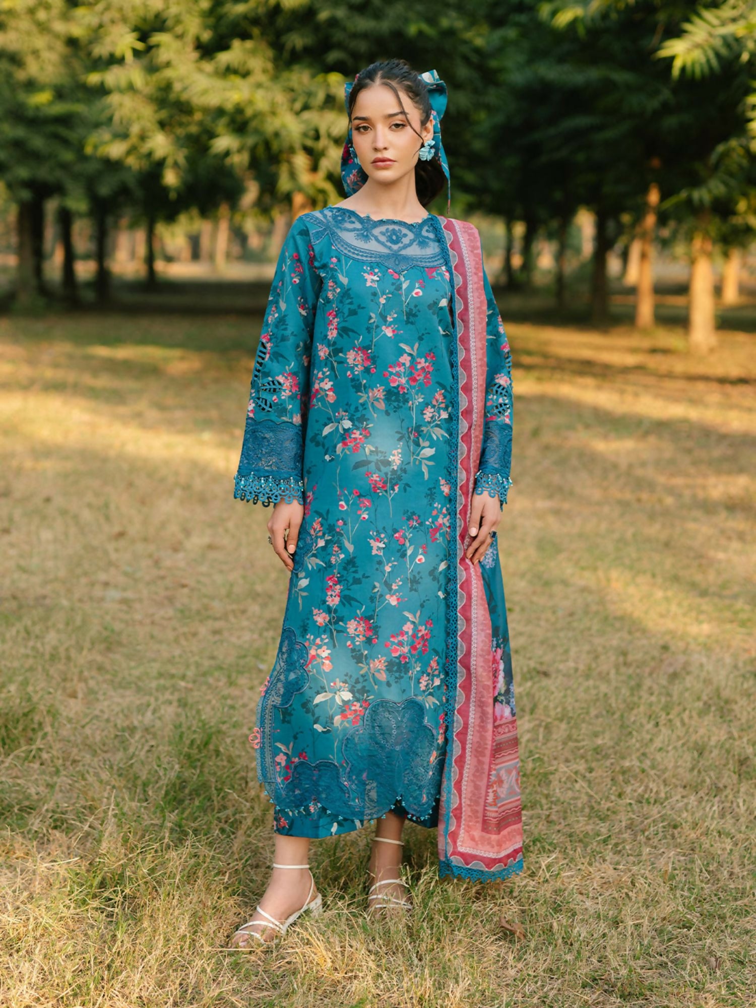 Parishay embroidered lawn front with intricate neckline and borders – stitched 3-piece suit