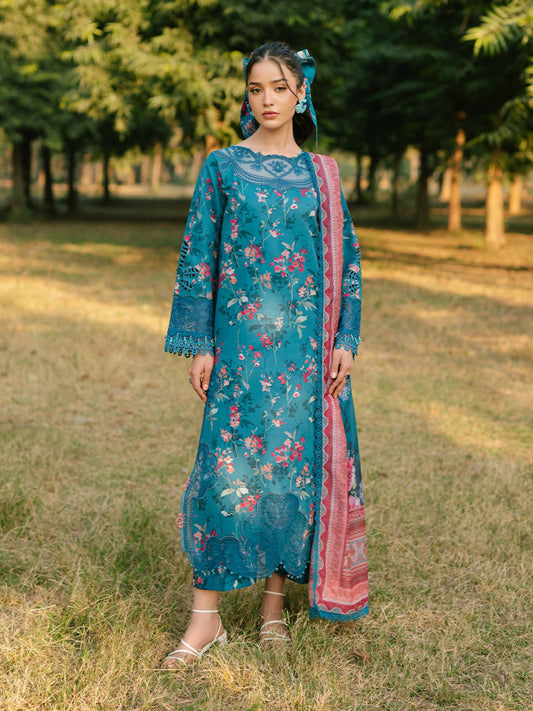 Parishay embroidered lawn front with intricate neckline and borders – stitched 3-piece suit