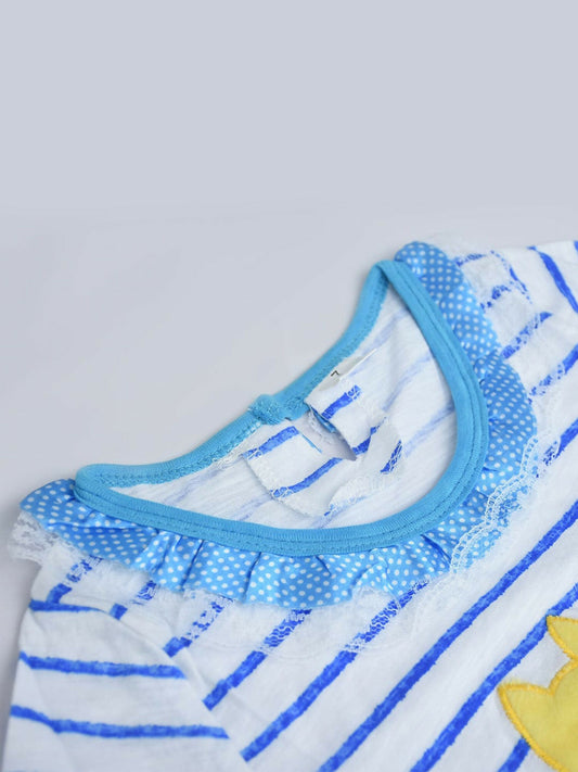 Funky's Embroidered Stripe Frilled Neckline Applique Tee Shirt-13648