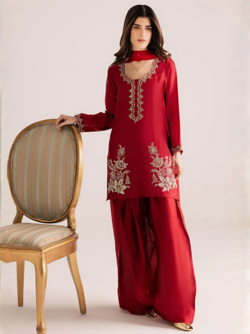 Allure By IH Silver Night Tussel Silk Embroidered Stitched 3 Piece Suit Rose Wood