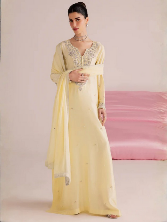Allure By IH Silver Night Tussel Silk Embroidered Kaftan Set-Lemonade