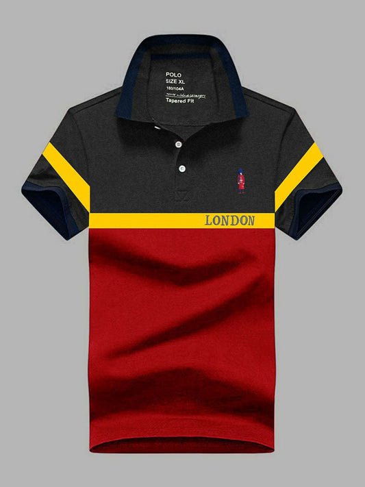 Charcoal honey combed pique polo with contrast color combinations, front embroidered logo, London panel embroidery, and classic duo collar.