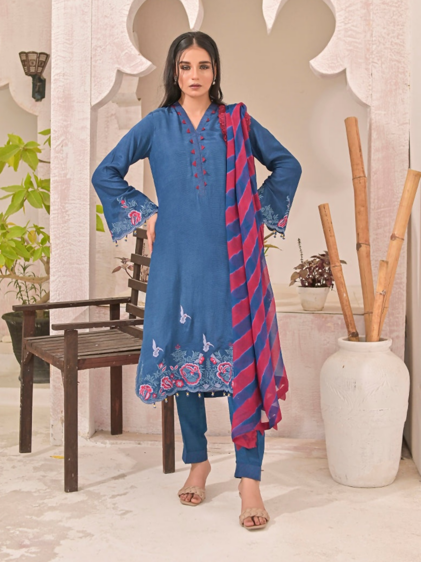 Ruby's Couture Panache Raw Silk Embroidered Stitched 3-Piece Suit-Blue Rush