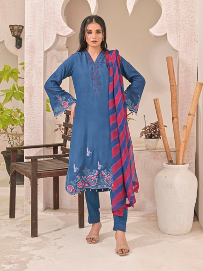 Ruby's Couture Panache Raw Silk Embroidered Stitched 3-Piece Suit-Blue Rush