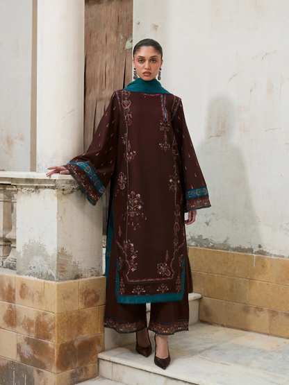 Hussain Rehar Khaddar'25 Embroidered Stitched 3-Piece Suit-Mocha