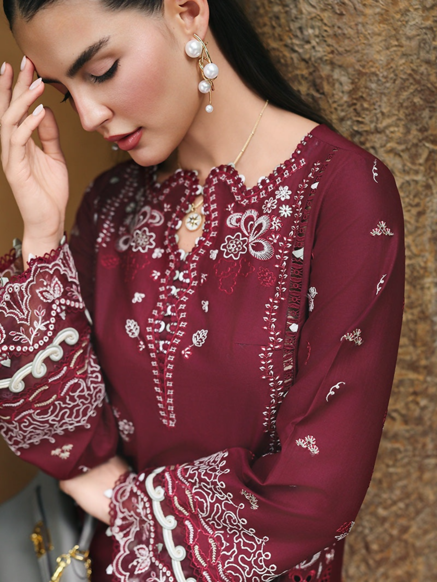 Qalamkar Qline Lawn Drop-1 Embroidered Unstitched 3-Piece Suit-RP-12-Garnet